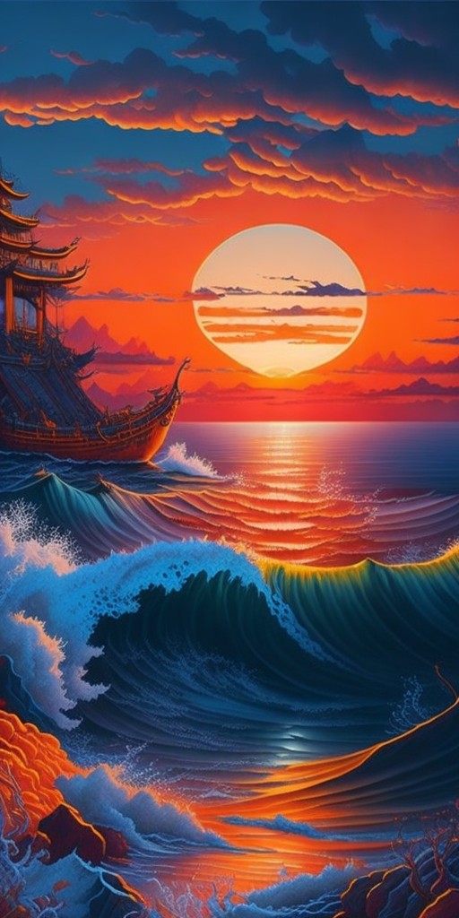 A stunning Chinese seascape painting depicting a sunset over the ocean with intricate waves and sea creatures; Seascape, Nature; Ink, Watercolor; Bright, radiant lighting; Monochromatic with shades of orange and blue; beautiful, detailed, ethereal; by Ma Yuan, Xia Gui, and Zhang Zeduan; Unreal engine 5