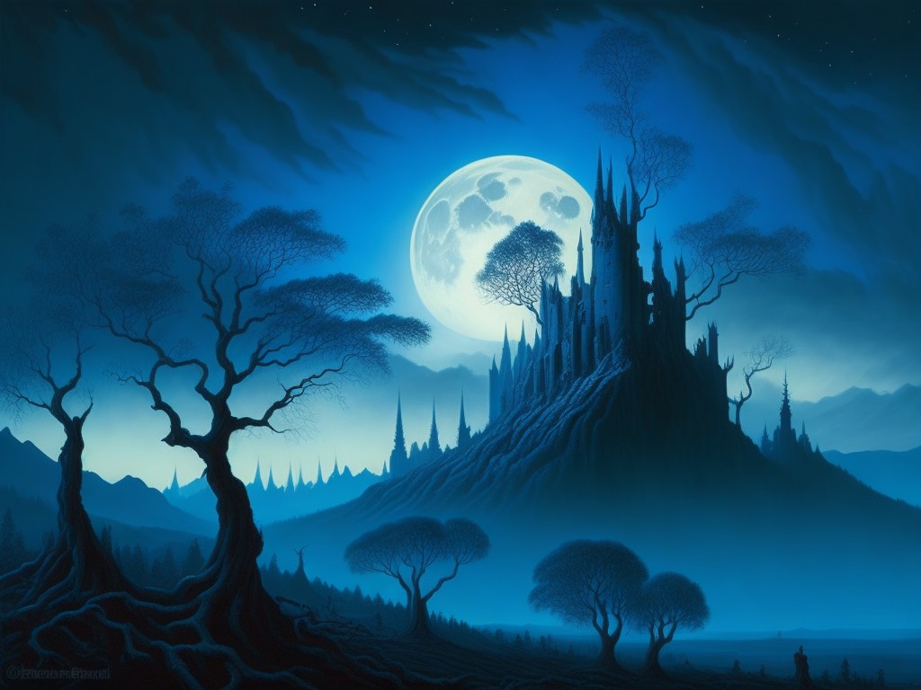 A surreal landscape of twisted trees and fog-covered hills, with a moonlit sky and a foreboding castle in the distance; Surrealism, Dark Fantasy; Oil, Charcoal; Low-key lighting, Moonlit; Monochromatic with shades of blue and gray; eerie, ominous, haunting; by Salvador Dali, H.R. Giger, and Zdzislaw Beksinski; Unreal engine 5