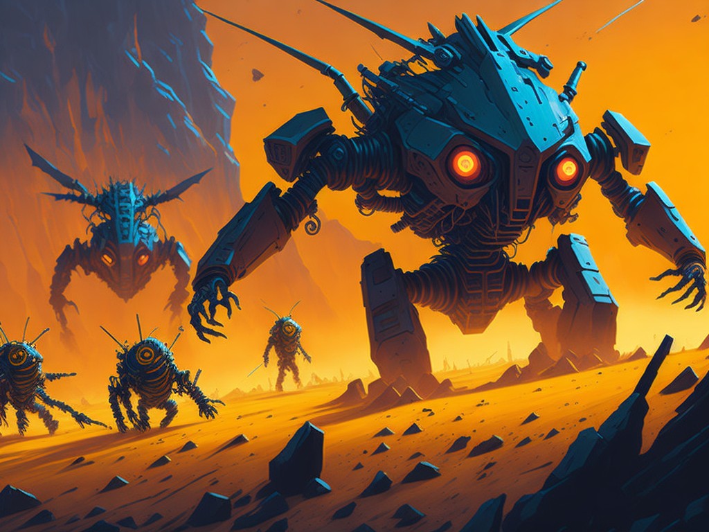 A team of small, agile robots battling an army of menacing, insect-like robots on the surface of a barren planet; Science fiction, Action; Digital art, Gouache painting; Dry-brushing techniques, Chiaroscuro lighting; Harsh, intense light casting deep shadows; Stark, muted color palette with flashes of bright orange; Gritty, intense, action-packed; by Ralph McQuarrie, H.R. Giger, and Masamune Shirow; Unreal engine 5