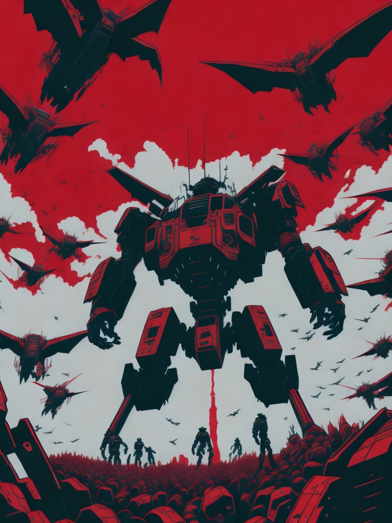 A towering, hulking robot facing off against an army of tiny drones, each one buzzing around the giant's massive frame like angry bees; Action, Mecha; Digital art, Line drawing; Detailed linework, Graphic contrast; Harsh, directional lighting casting dramatic shadows; Monochromatic black and white with a touch of bright red; Epic, dynamic, kinetic; by Hideaki Anno, James Cameron, and Masamune Shirow; Unreal engine 5