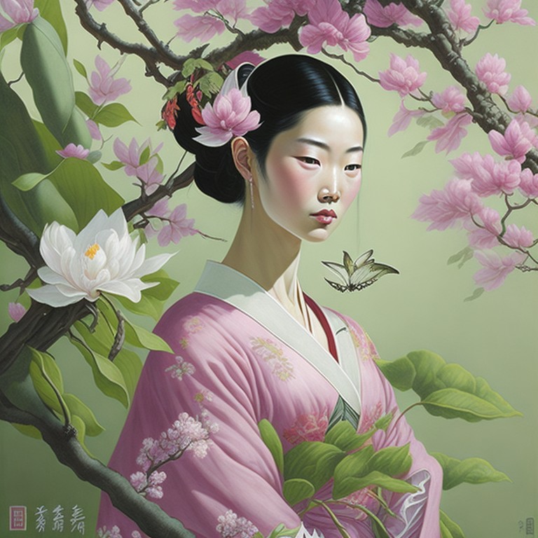  A traditional Chinese painting of a beautiful graceful woman with a beautiful face, a slender figure and a gorgeous dress, the background is the natural scenery of magnolia flower with a bird and a butterfly; Nobility, Elegance; Gongbi, Fine brushwork; Bright, natural lighting; White and pink with touches of green and brown; delicate, beautiful; by Zhao Mengfu, Qiu Ying, and Yun Shouping; Unreal engine 5