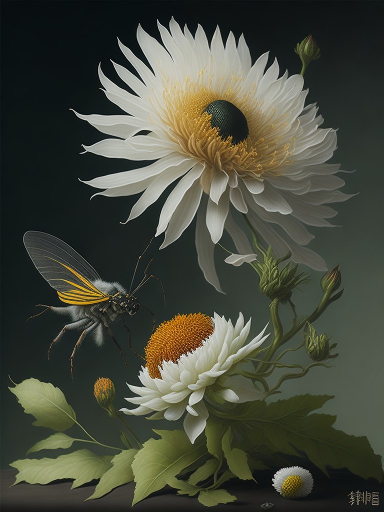 A traditional Chinese painting of a chrysanthemum flower with a grasshopper and a spider; Nobility, Endurance; Gongbi, Fine brushwork; Soft, natural lighting; Yellow and white with touches of green and brown; elegant, delicate; by Huang Quan, Zhao Ji, and Ren Yi; Unreal engine 5
