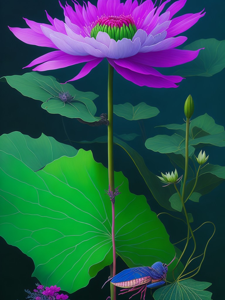 A traditional Chinese painting of a lotus flower with a dragonfly and a frog; Purity, Vitality; Gongbi, Fine brushwork; Bright, sunny lighting; Pink and green with splashes of blue and purple; fresh, vibrant; by Bada Shanren, Yun Shouping, and Wu Changshuo; Unreal engine 5