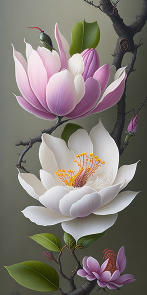 A traditional Chinese painting of a magnolia flower with a bird and a butterfly; Nobility, Elegance; Gongbi, Fine brushwork; Bright, natural lighting; White and pink with touches of green and brown; delicate, beautiful; by Zhao Mengfu, Qiu Ying, and Yun Shouping; Unreal engine 5