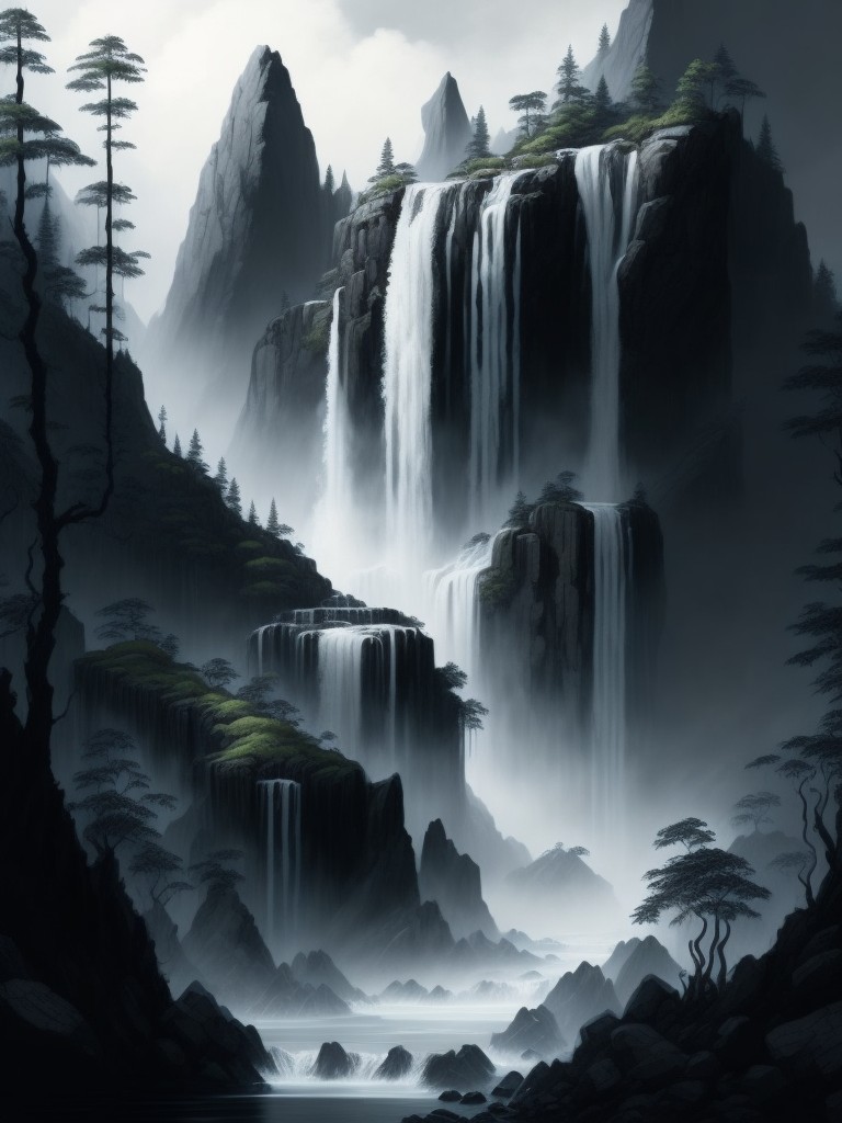 A traditional Chinese painting of a majestic waterfall cascading down a mountain surrounded by lush greenery; Landscape, Nature; Ink wash, Gongbi; Dramatic lighting with contrasting shadows; Monochromatic with shades of black and grey; Ethereal, magnificent; by Wang Hui, Li Cheng, and Ma Yuan; Unreal engine 5
