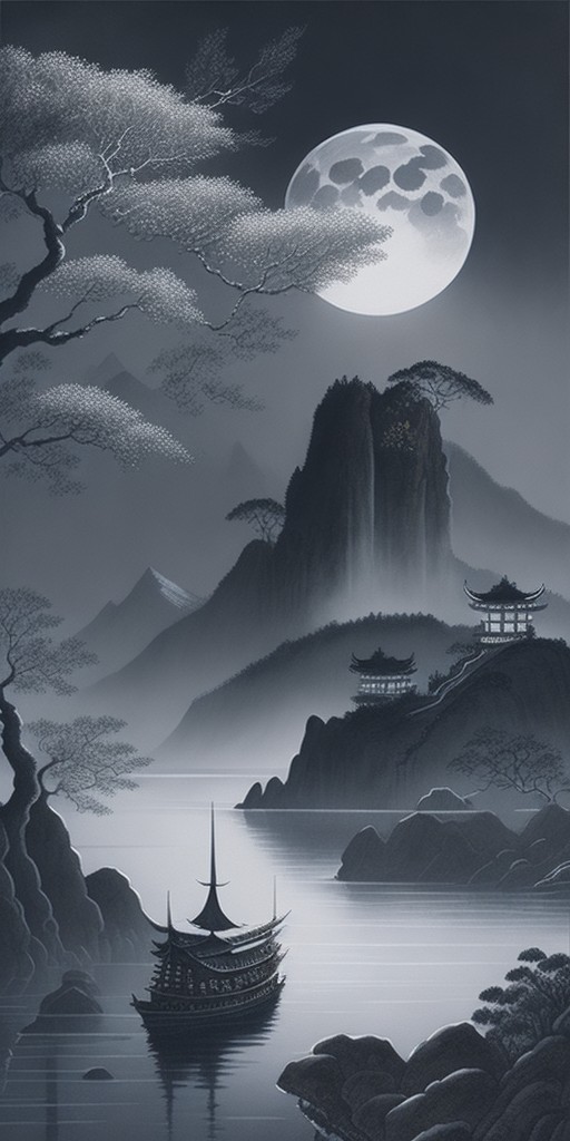 A traditional Chinese painting of a steep mountain with a moonlit night and a boat on a river; Romance, Mystery; Ink and wash, Shanshui; Dim, cool lighting; Black and white with hints of blue and purple; dreamy, serene; by Mi Fu, Ni Zan, and Dong Qichang; Unreal engine 5