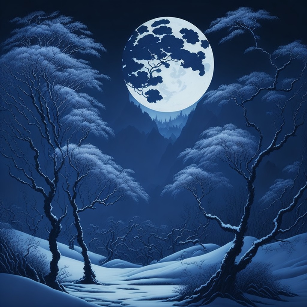 A traditional Chinese painting of a willow forest in winter with a moon and a couple; Romance, Solitude; Landscape painting, Shanshui hua; Dark, cool lighting; Black and white with touches of blue; enchanting, quiet; by Li Sixun, Guo Xi, and Fan Kuan; Unreal engine 5