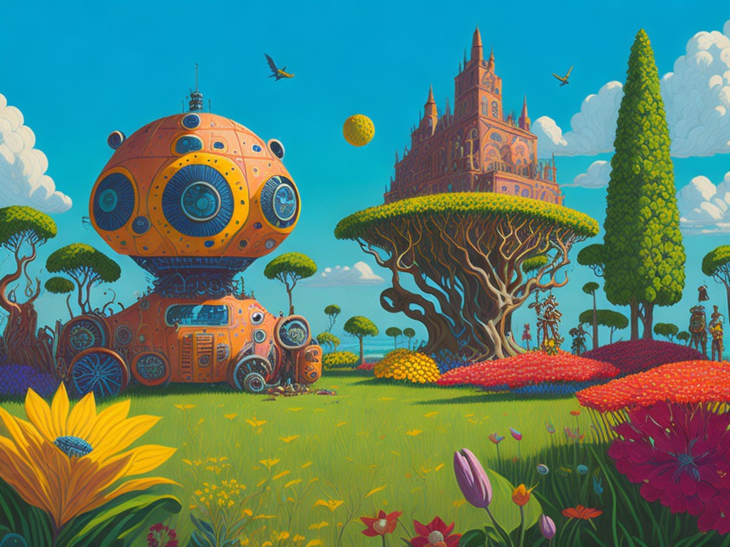 A utopian paradise with harmony and happiness, where a benevolent robot is helping and caring for the inhabitants of a peaceful society; Compassion, Joy; Utopian, Solarpunk; Acrylic, Paper cut; Bright, cheerful lighting; Pastel, soft colors; lovely, uplifting, heartwarming; by Thomas More, Gene Roddenberry, and Eric Carle; Unreal engine 5