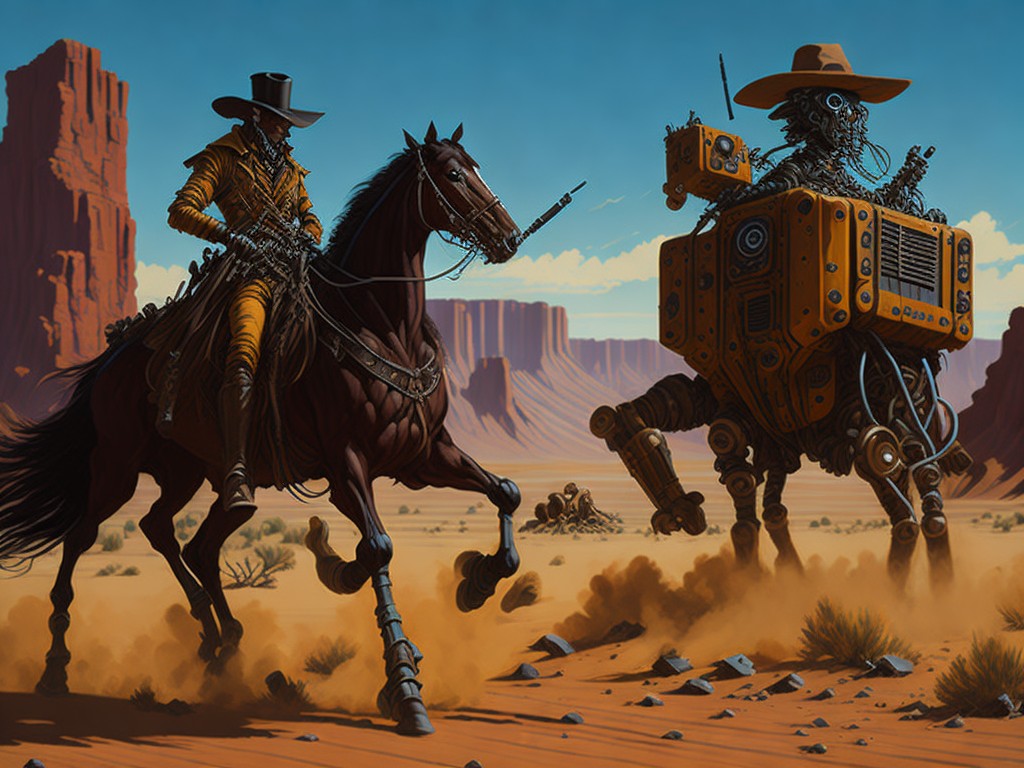 A western with guns and horses, where a cowboy robot is roaming and fighting in a wild frontier planet full of outlaws and bandits; Western, Adventure; Space Western, Steampunk; Acrylic, Spray paint; Sunny, dusty lighting; Earthy, brown colors; adventurous, thrilling, cool; by Louis L’Amour, Joss Whedon, and Ed Ruscha; Unreal engine 5