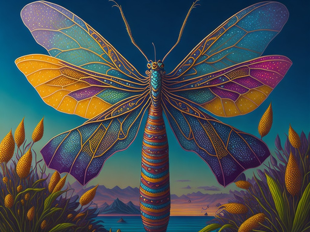 A whimsical and creative painting of a dragonfly with rainbow wings and patterns; Fantasy, Magic; Fantasy Art, Surrealism; Oil, Acrylic; Bright, natural lighting; Pastel colors with sparkle; enchanting, whimsical; by Amy Brown, Salvador Dali, and James Christensen; Unreal engine