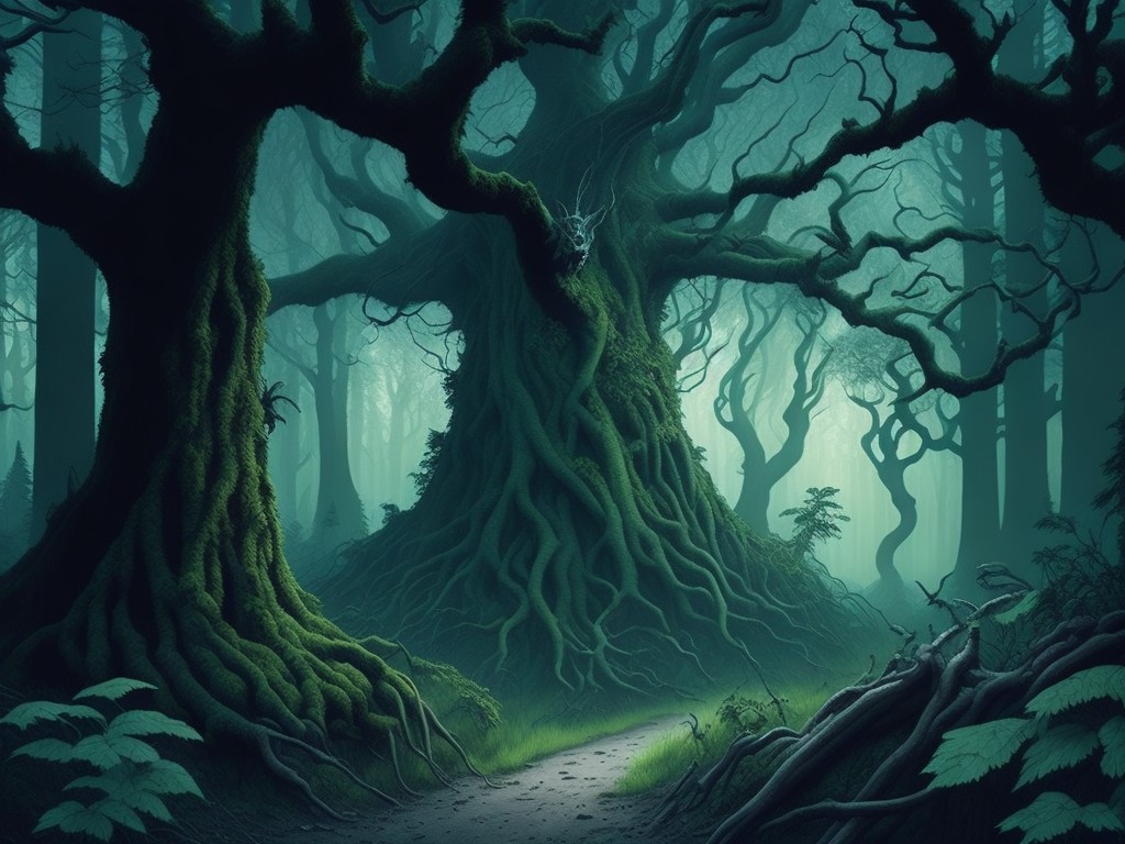 An eerie forest scene with twisted, gnarled trees and a sense of malevolent presence lurking just out of sight; Horror, Dark Fantasy; Watercolor, Digital Painting; Muted, with patches of bright green; Spooky, otherworldly; by Arthur Rackham, Edward Gorey, and Tim Burton; Unreal engine 5