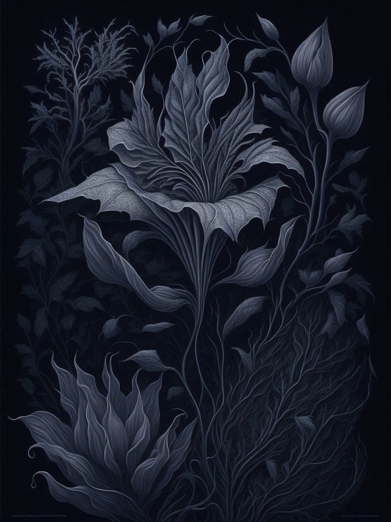 An intricate hyperdetailed drawing of a lily with dendritic patterns, entangled with its surroundings, set in an eldritch and mysterious atmosphere; Fantasy, Horror; Realism, Pen and Ink Drawing; Ink, Cross-Hatching; Liminal, low key lighting; Monochromatic with shades of black and white; mysterious, detailed, liminal; by Albrecht Dürer, M. C. Escher, and H. R. Giger; Unreal engine 5