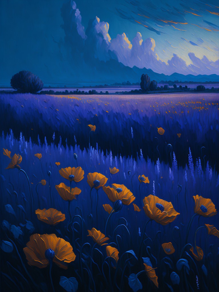 An oil painting of a poppy field with a moody, impressionistic style and a cool color palette; Landscape, Impressionism; Oil painting; Soft, diffused lighting; Monochromatic with shades of blue and purple; moody, impressionistic; by Claude Monet, Vincent van Gogh, and Georgia O'Keeffe; Unreal engine 5