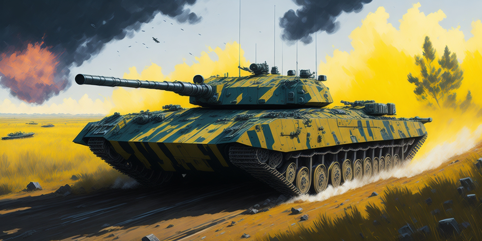 powerful vector art illustration illustrating Ukraine's strengthened defense capabilities acquisition of Western main battle tanks. artwork showcases Abrams M1s, Challenger 2s, Leopard 2 tanks, highlighting upgraded electronics sensor suites. composition combines elements of realism impressionism, using bold colors brushstrokes convey impact of formidable tanks. Realism, Impressionism; Acrylic Digital Art; Upgraded electronics sensors; Enhanced battlefield awareness; Strong, Resilient, Technologically advanced; Created by Vincent van Gogh Frida Kahlo; Meticulously highly detailed vector art illustration, high contrast, brightly illuminated.